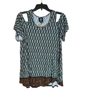 Bobeau Y2K
Womens Cold Shoulder Printed Top Blouse Medium Boho Layered Hem USA‎